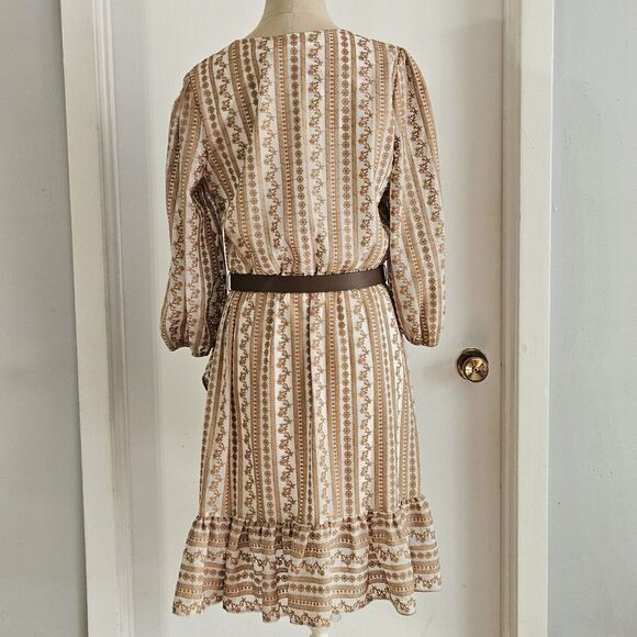 Calvin‎ Klein Women's Cream & Tan Floral Embroidered Belted Faux Wrap Dress S - Picture 2 of 10